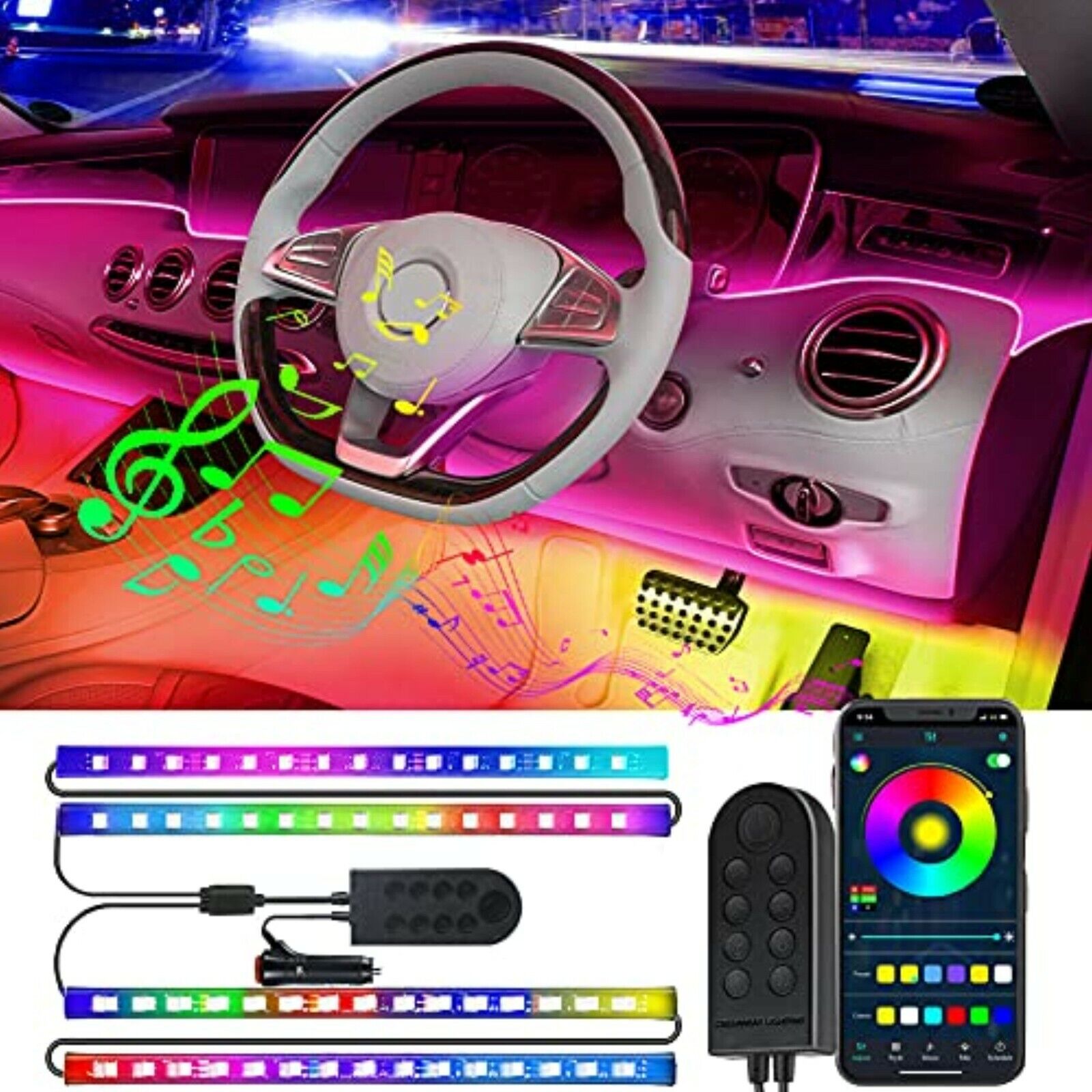 LED Innenbeleuchtung Auto, 4pcs 48 LED Auto LED Strip, Upgrade Zwei-Linien APP