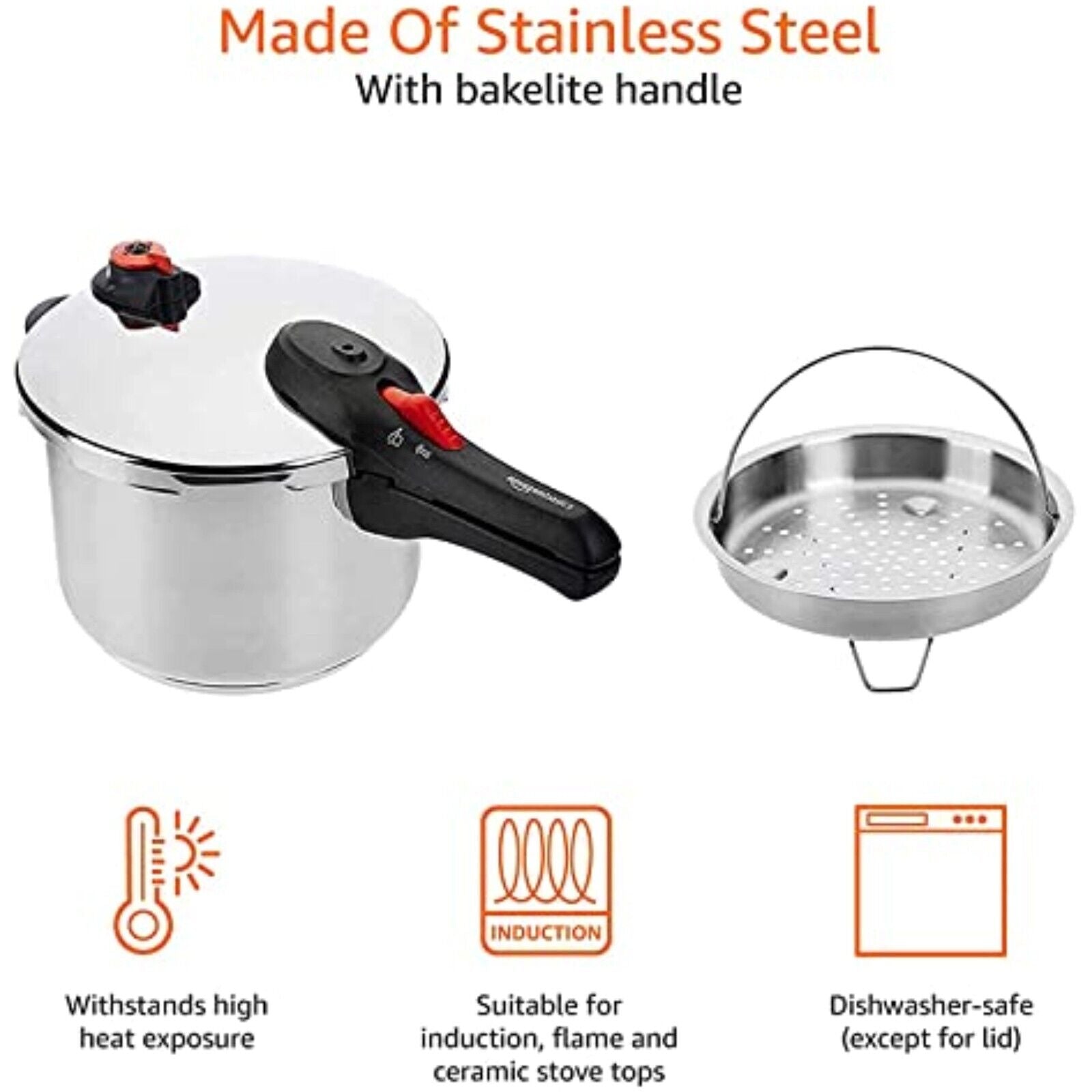 Stainless steel pressure cooker - with steamer, suitable for induction - 6 liters