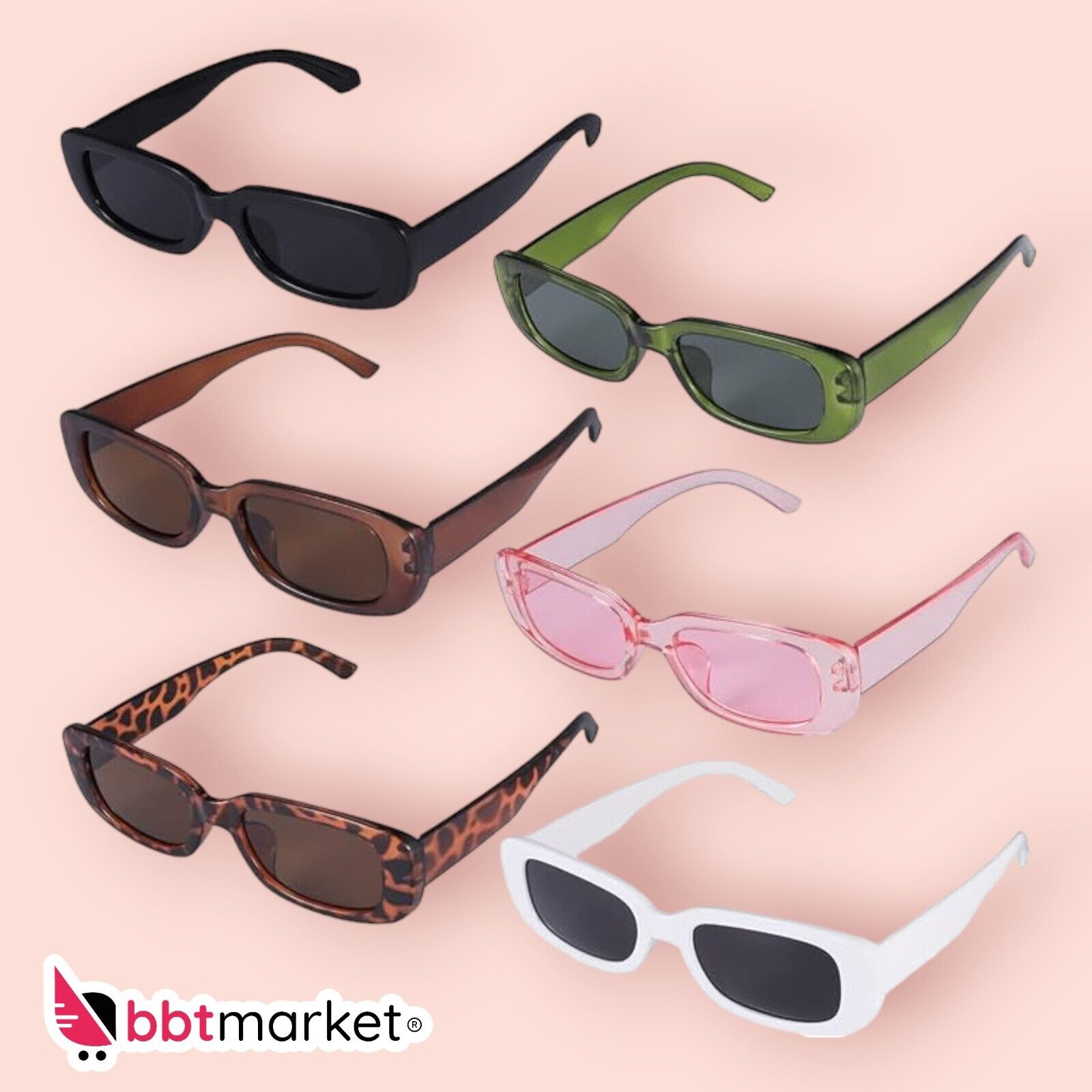 6 Stück Vintage Rechteckige Sonnenbrille für Damen,UV400 Mode Brille Damen Retro