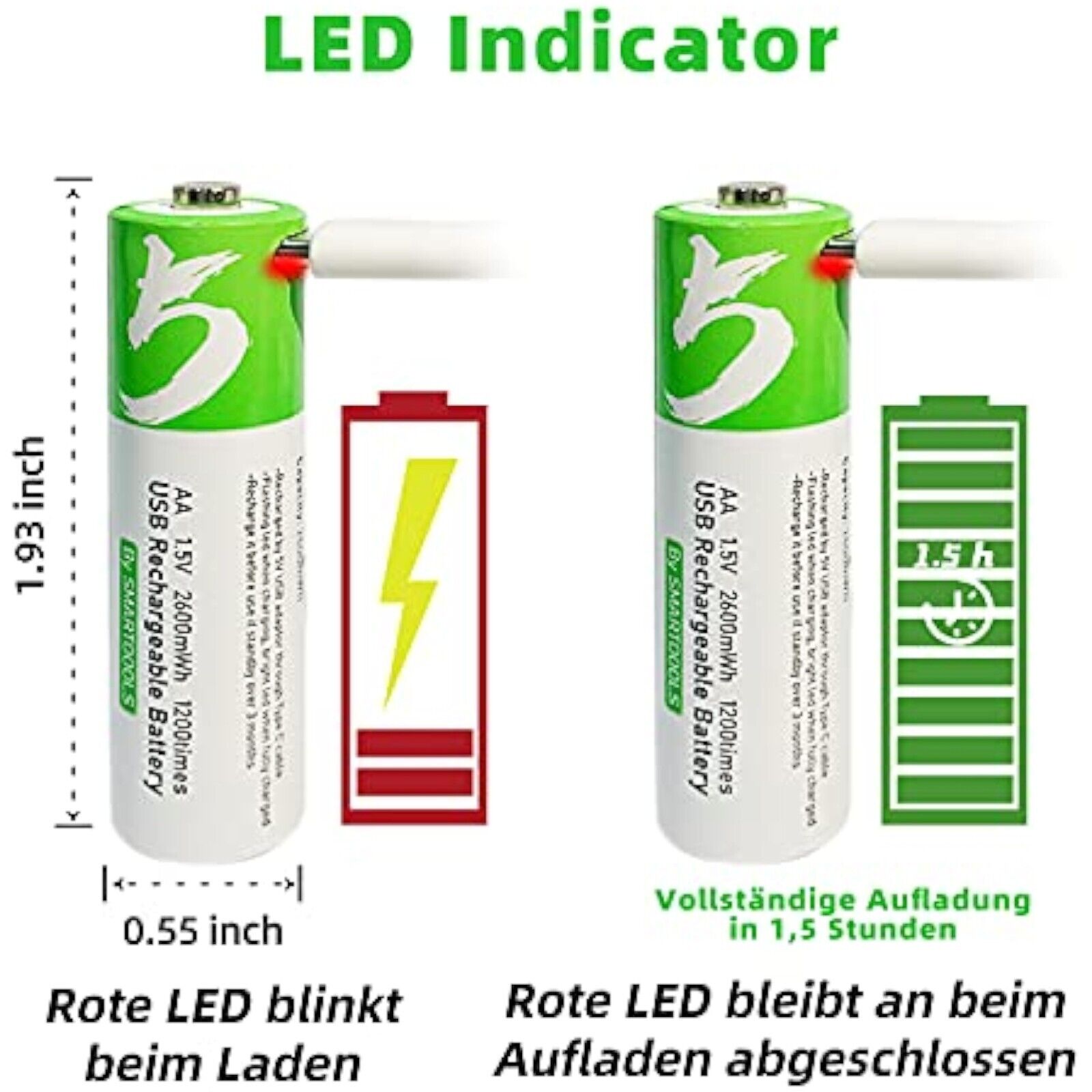 Akku AA Batterien 2600mAh wiederaufladbar 4 Stück mit Ladekabel USB-C aufladbar