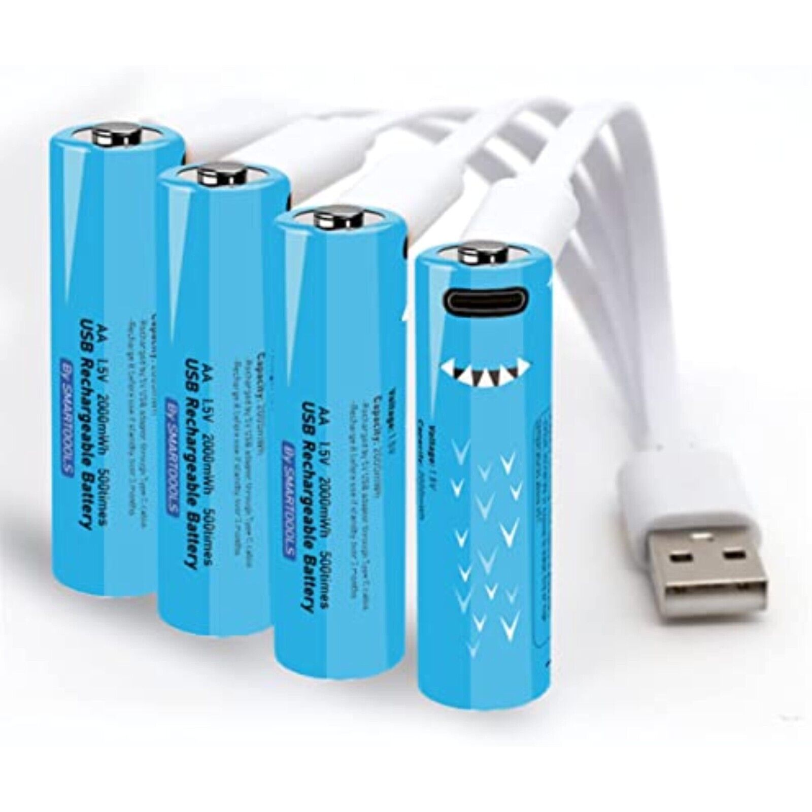 4 blaue Typ-C-AA-Batterien,wiederaufladbare Batterien 1,5V 2000 mWh,Typ-C-Kabel