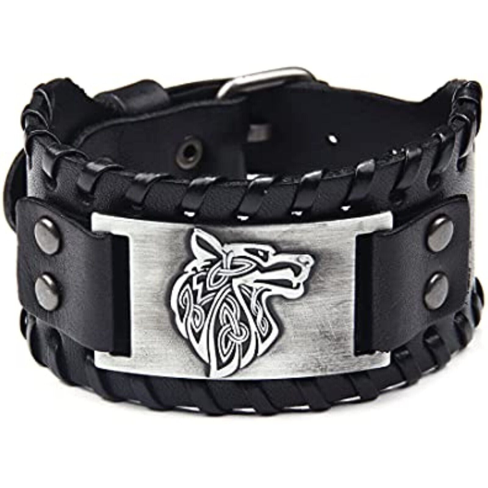 🪓🪓 Herren Wikinger Armband Lederarmband Schwarz Männer Viking Breit Biker Wolf