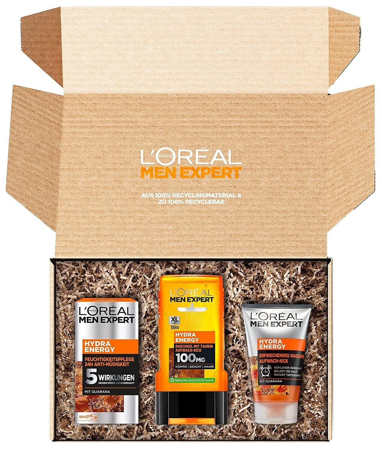 L'Oréal Hydra Energy Männerpflege-Set – 3-teilig: Duschgel, Waschgel & Feuchtigkeitscreme