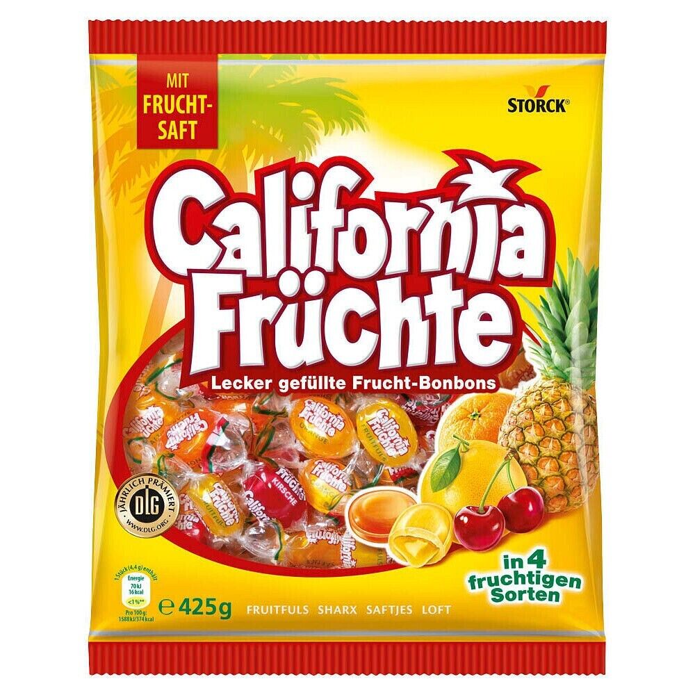 California Früchte 425g – Gefüllte Bonbons mit Fruchtsaft – 4 fruchtige Sorten