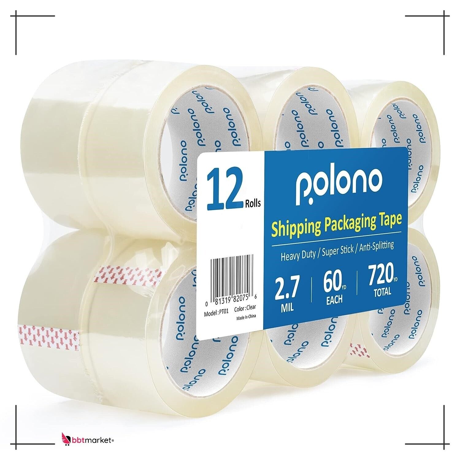 48mm×60m Insgesamt 720Y, 3" Kern für Versand Paketklebeband 2,7 Mil 12 Rollen