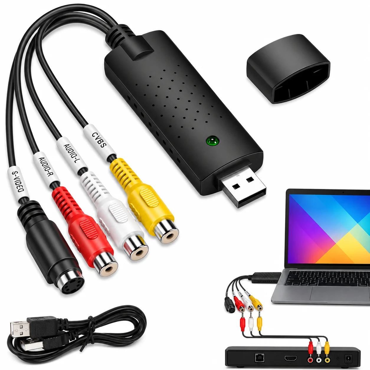 VHS zu PC USB Video Grabber – USB 2.0 Audio Video Konverter mit Cinch RCA & S-Video für PAL/NTSC