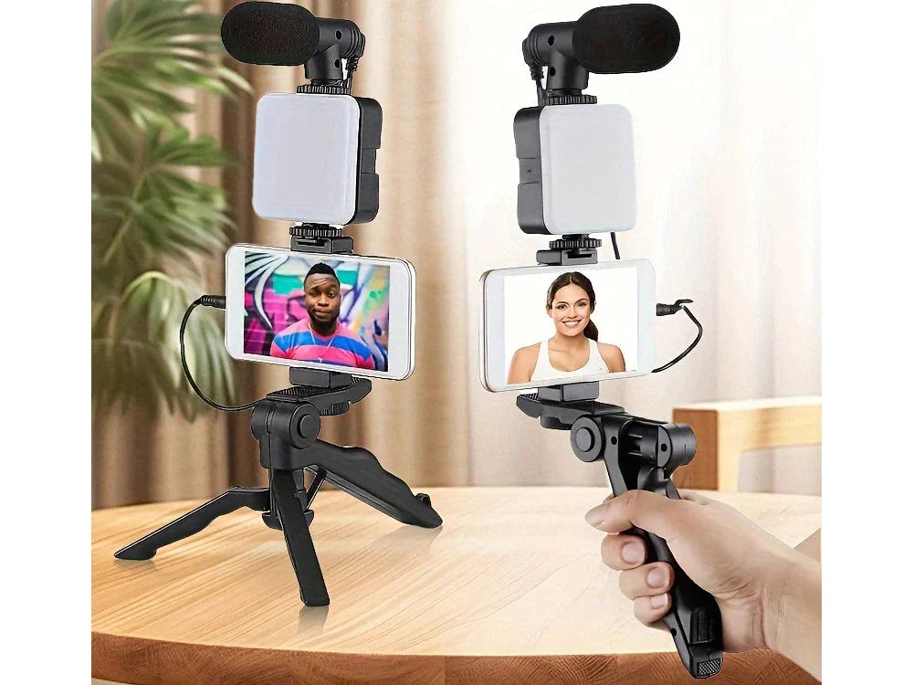 Vlogging Kit für Smartphone – Stativ mit Handyhalterung, Richtmikrofon, 49-LED-Licht und Bluetooth-Fernbedienung