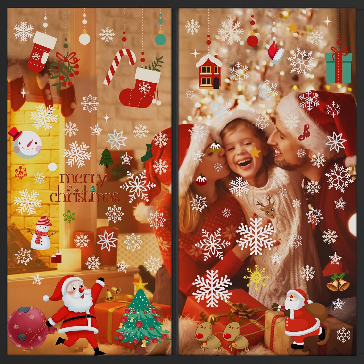 Weihnachten Fensterbilder – Selbstklebende PVC Fenstersticker, 176-teilig, Weiß & Rot, Wiederverwendbar