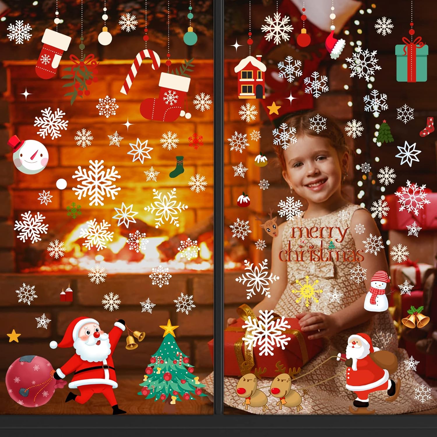 Weihnachten Fensterbilder – Selbstklebende PVC Fenstersticker, 176-teilig, Weiß & Rot, Wiederverwendbar