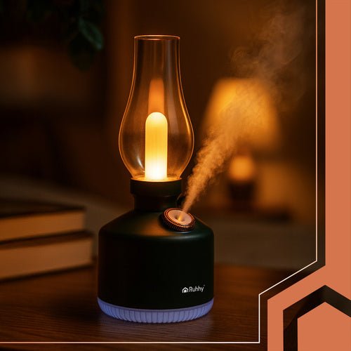 Ruhhy Aive USB Luftbefeuchter mit Diffusor & 14 RGB-LEDs – Retro Aroma Diffusor mit Akku