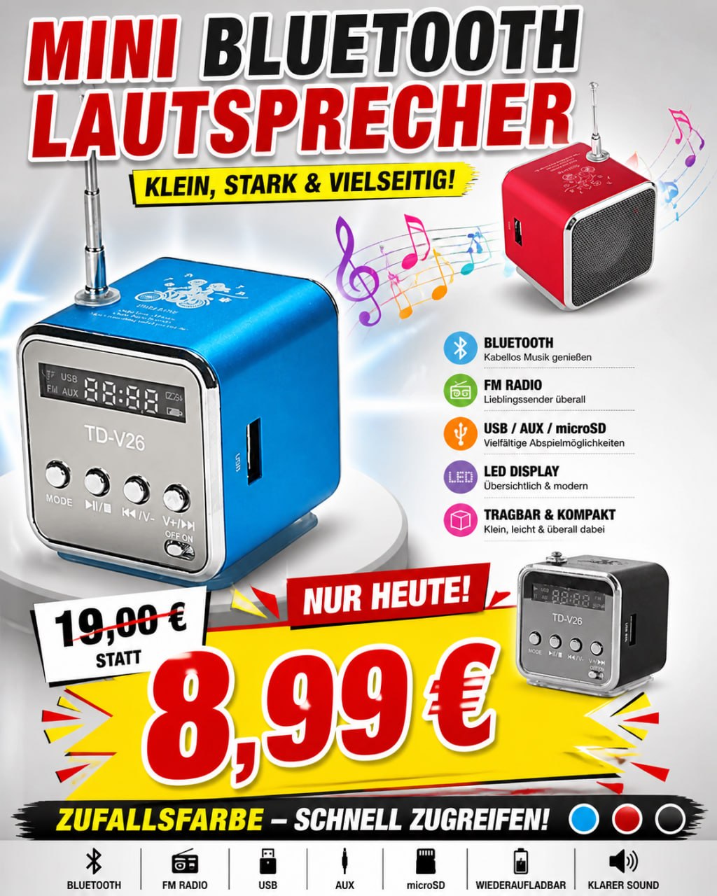Mini Bluetooth Lautsprecher Tragbarer  – FM Radio, USB, AUX, microSD & LED Display (Zufallsfarbe)