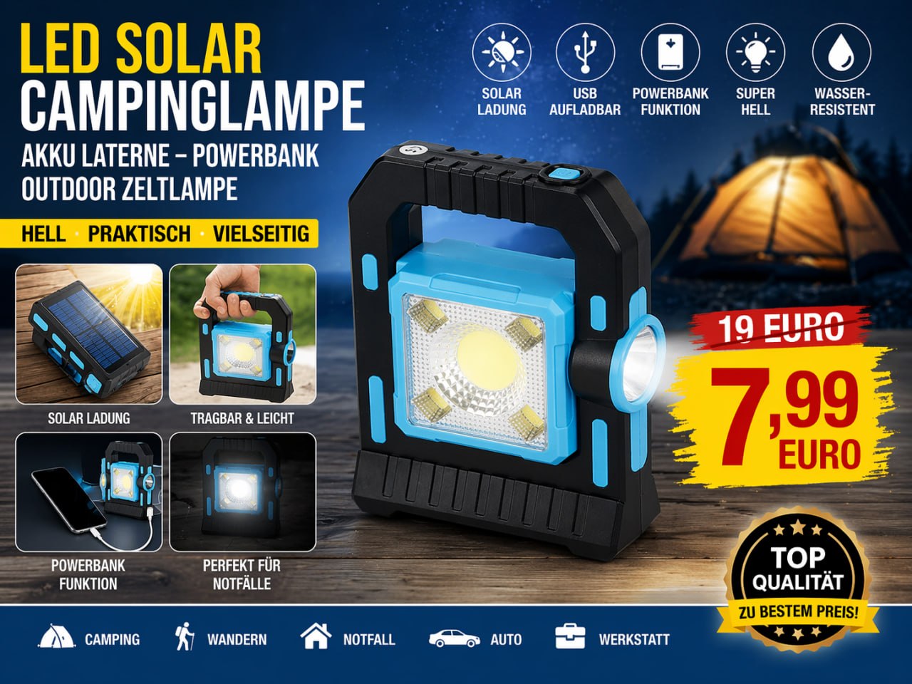 LED Solar Campinglampe Akku Laterne mit Powerbank Outdoor Zeltlampe