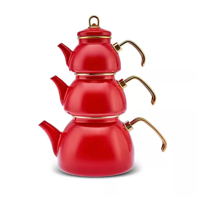 Karaca Retro Emaille Teekannen- Set, Rot, Induktionsgeeignet,Türkische Caydanlik