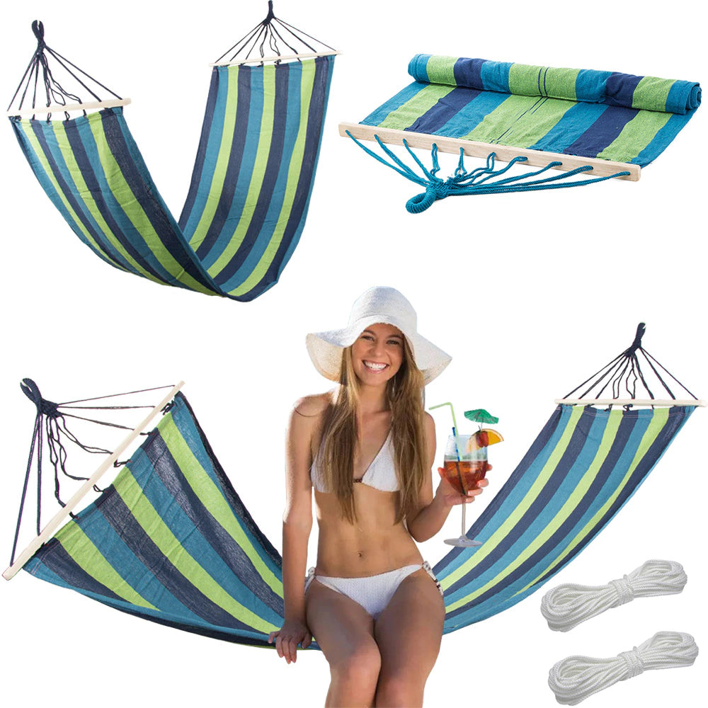 hängematte mit seilen Garten Hängematte 200x80cm mit Holzstab & Seilen – Baumwolle, 150kg