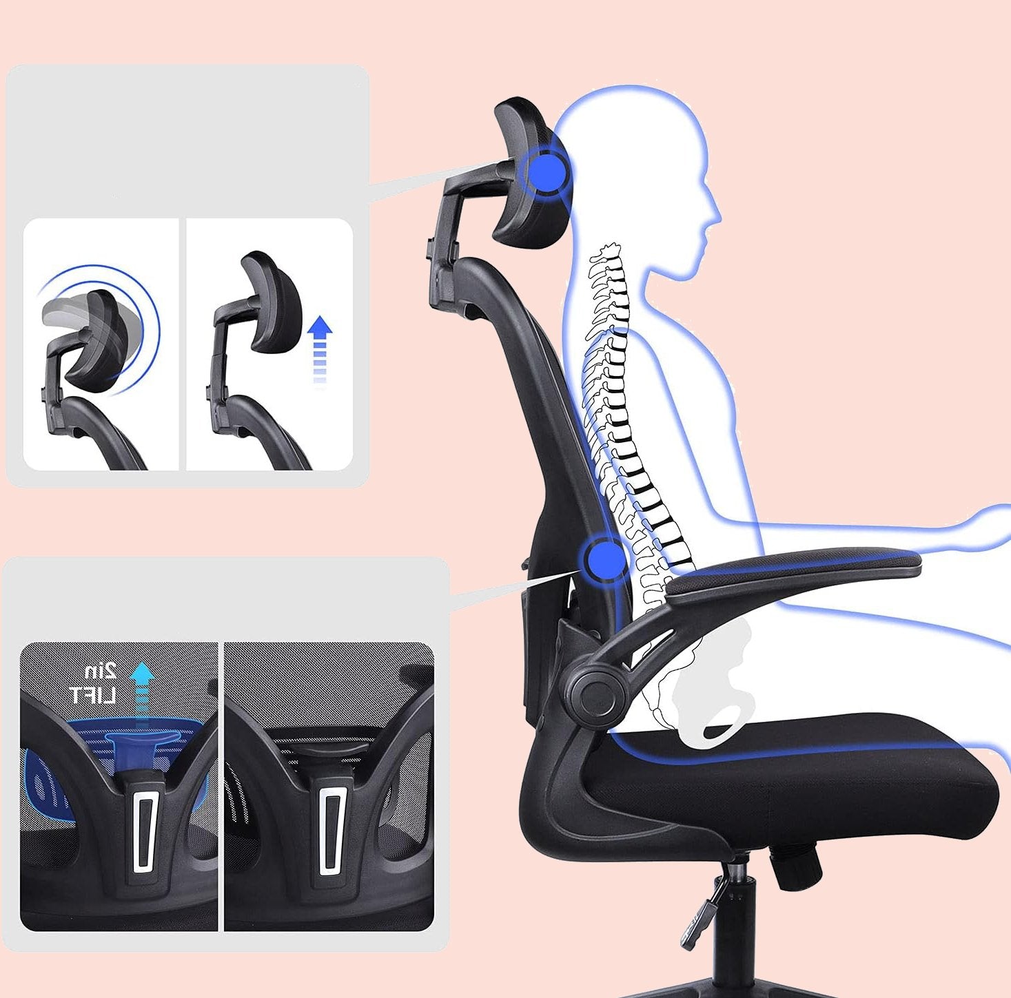 Ergonomisch Bürostuhl mit Verstellbarer Kopfstütze Bis 150KG Belastbar (Schwarz)