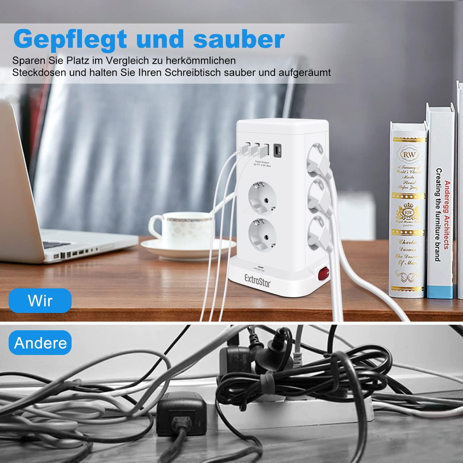 11 Fach Mehrfachsteckdose mit 3 USB A und 1 USB C, Steckdosenleiste mit Schalter