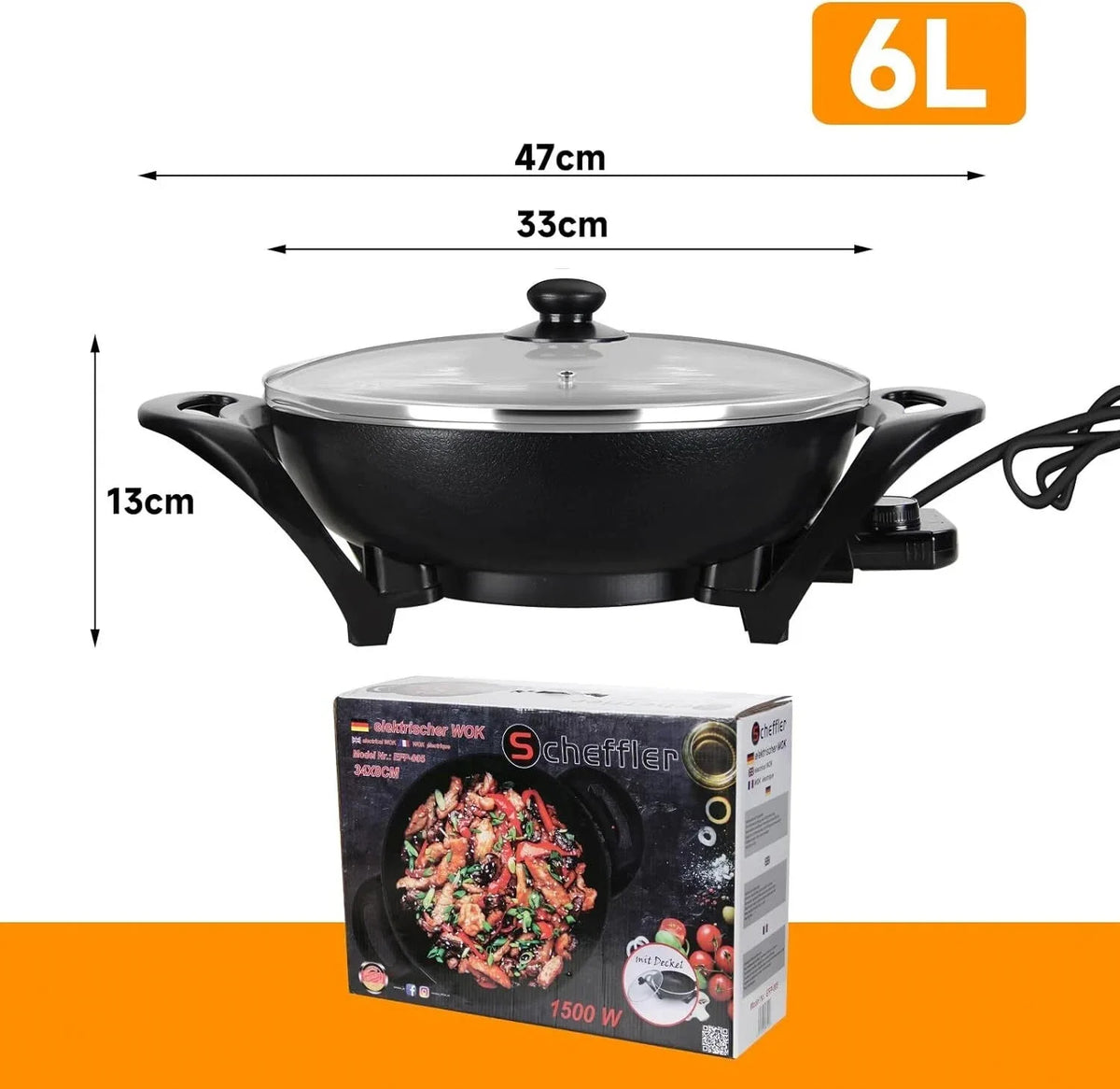 1500W Elektropfanne XXL Multipfanne Partypfanne Elektrisch Pfanne mit Glasdeckel