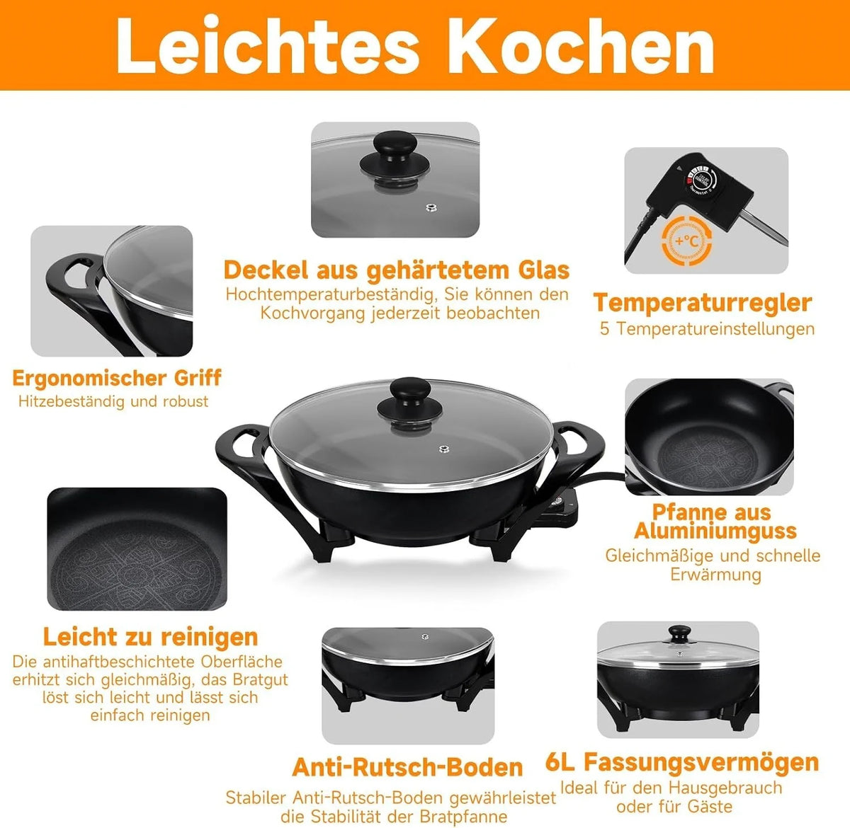 1500W Elektropfanne XXL Multipfanne Partypfanne Elektrisch Pfanne mit Glasdeckel