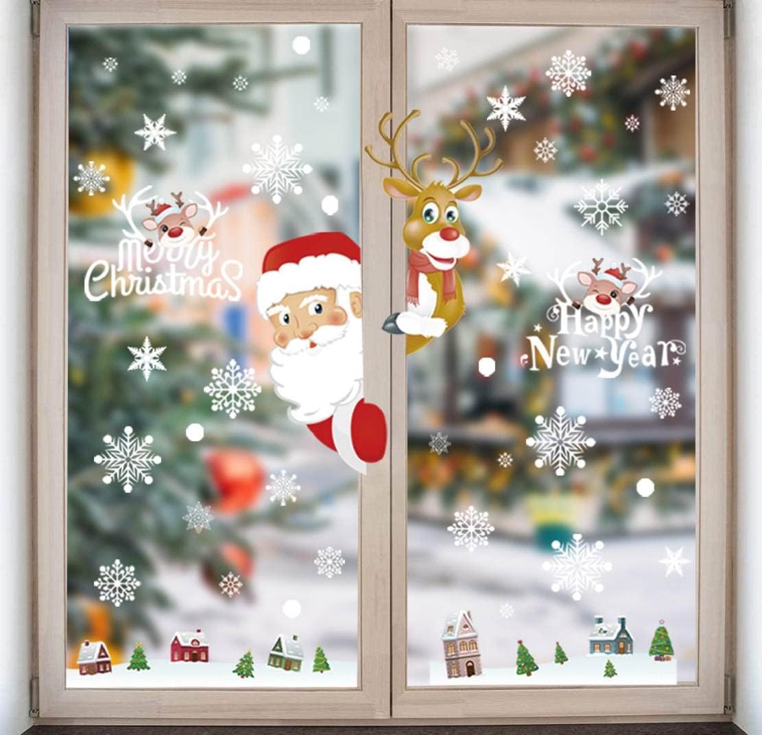 189 Stück Weihnachten Fensterbilder – Selbstklebende Schneeflocken & Wintermotive, 8 Bögen, Doppelseitig, PVC Fenstersticker