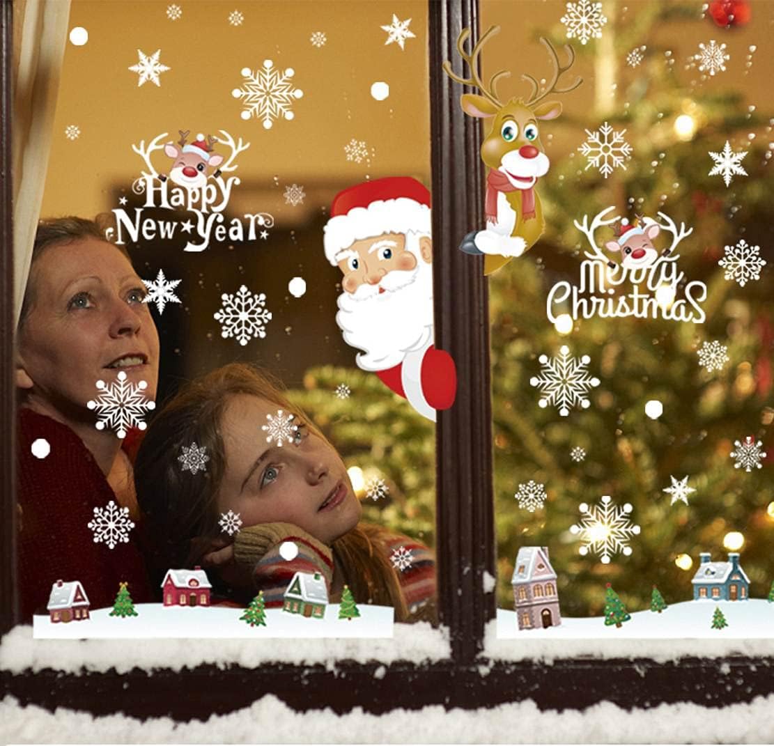 189 Stück Weihnachten Fensterbilder – Selbstklebende Schneeflocken & Wintermotive, 8 Bögen, Doppelseitig, PVC Fenstersticker