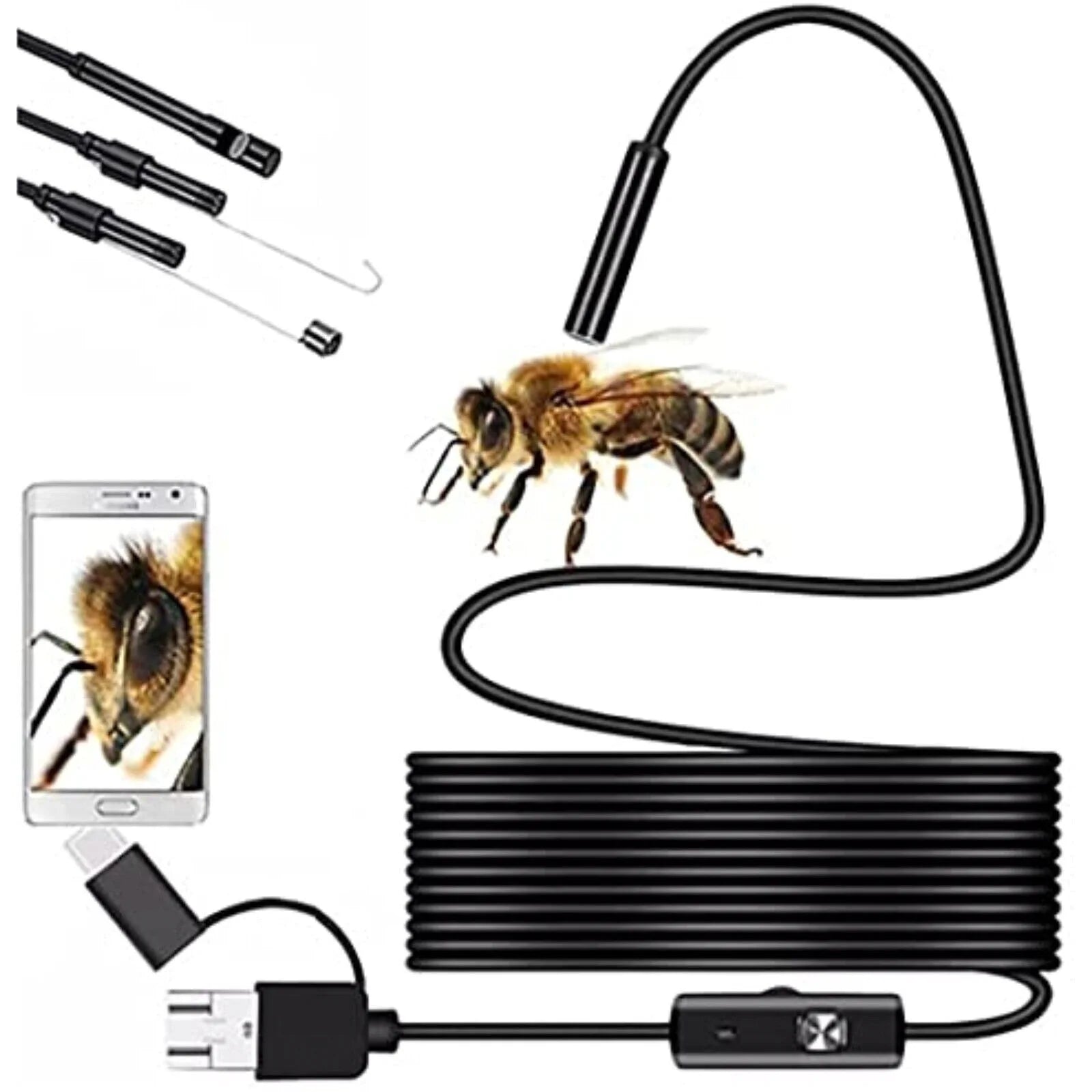 Endoskopkamera 5,5 mm für Android – USB-C & Micro-USB, IP67 Kamerasonde, 6 LEDs, 1 m Kabel & OTG