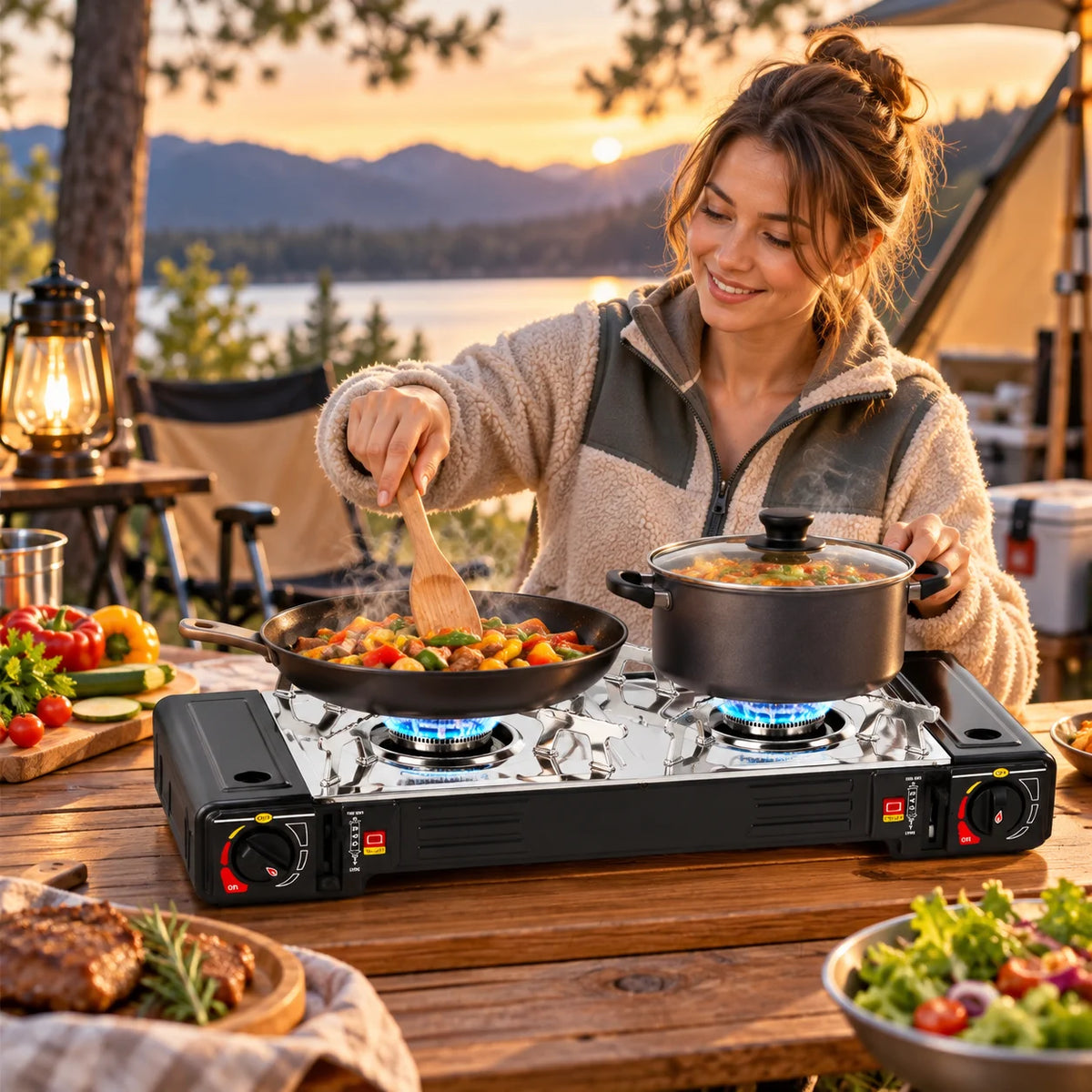 2 flammig Campingkocher Outdoor Camping Gas Kocher Grillplatte + 4x Gaskartusche