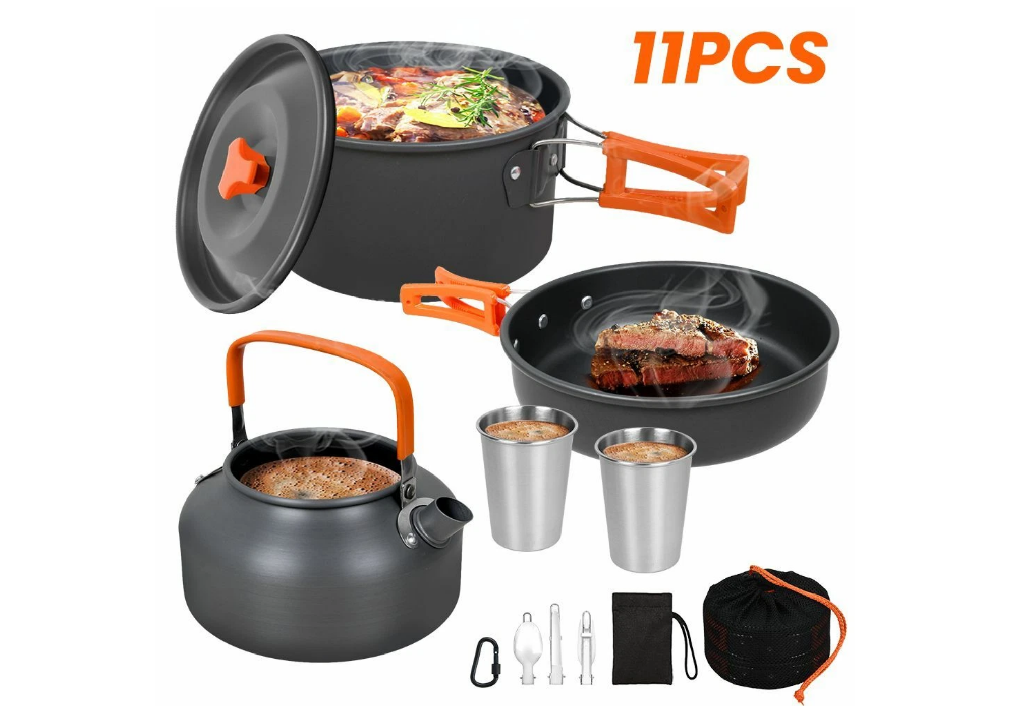 Camping Kochgeschirr Set für 2–3 Personen – Outdoor Töpfe, Pfanne & Kessel 11-teilig