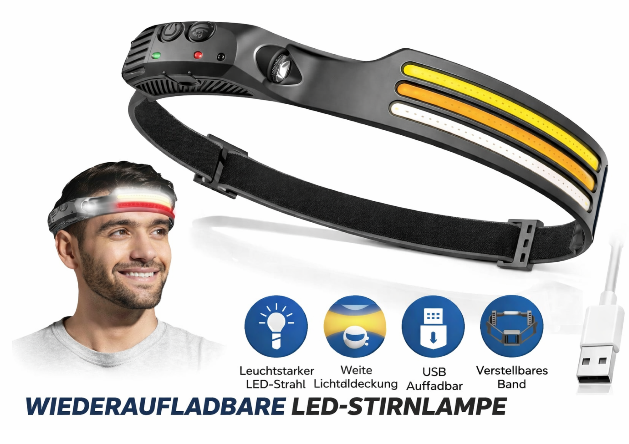 Wiederaufladbare Multifunktions LED-Stirnlampe mit weißen & roten LEDs Outdoor