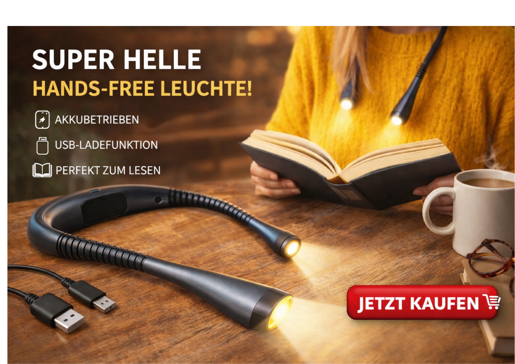 LED Halslampe zum Lesen–Wiederaufladbare USB-C Leselampe mit 3 Lichtmodi
