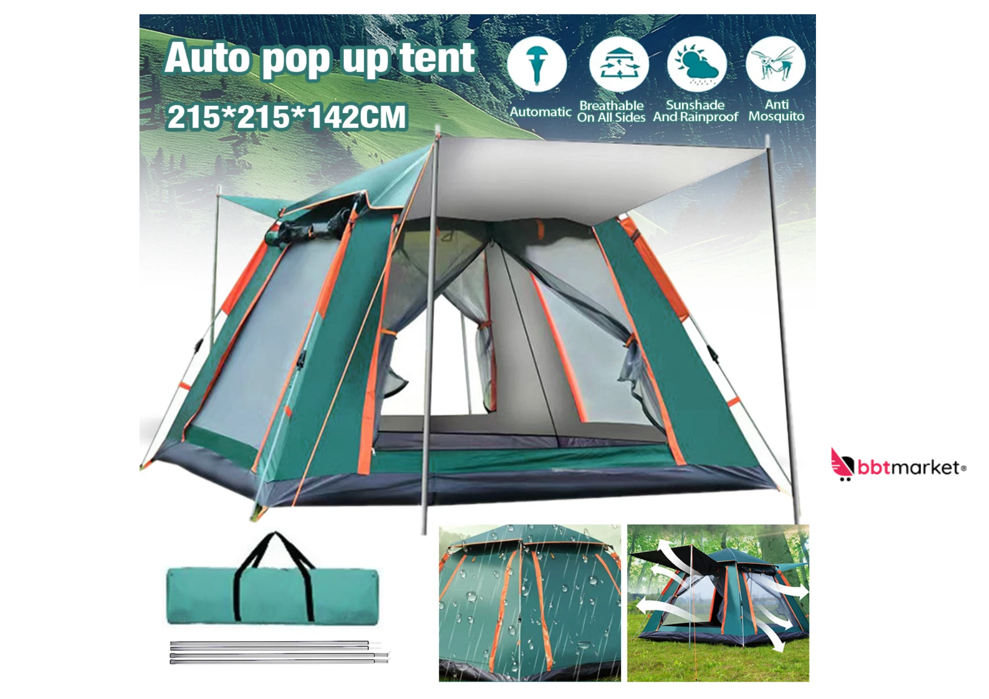 Pop Up Zelt 3-4 Personen Automatik Campingzelt Kuppelzelt Wasserdicht