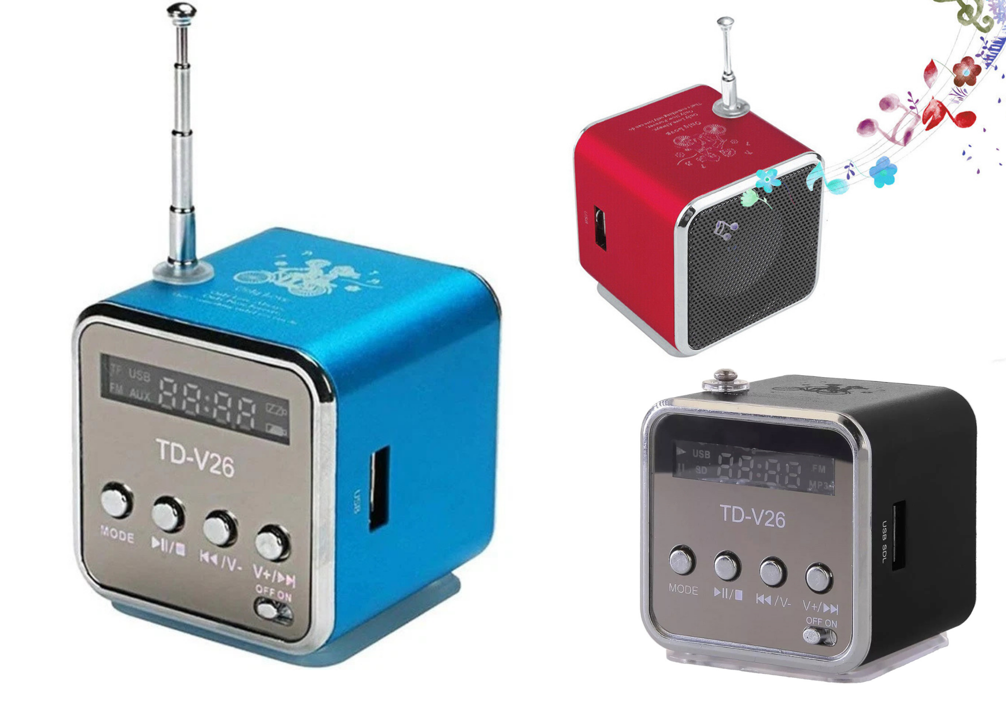Mini Bluetooth Lautsprecher Tragbarer  – FM Radio, USB, AUX, microSD & LED Display (Zufallsfarbe)