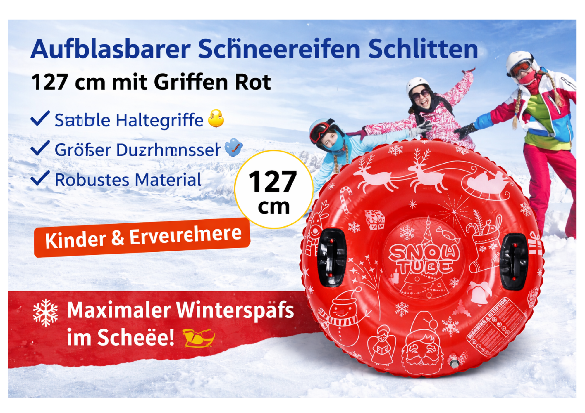 Aufblasbarer Schneereifen 127 cm Rot – Großer Schneeschlitten mit Griffen und Schleppleine bis 220 kg