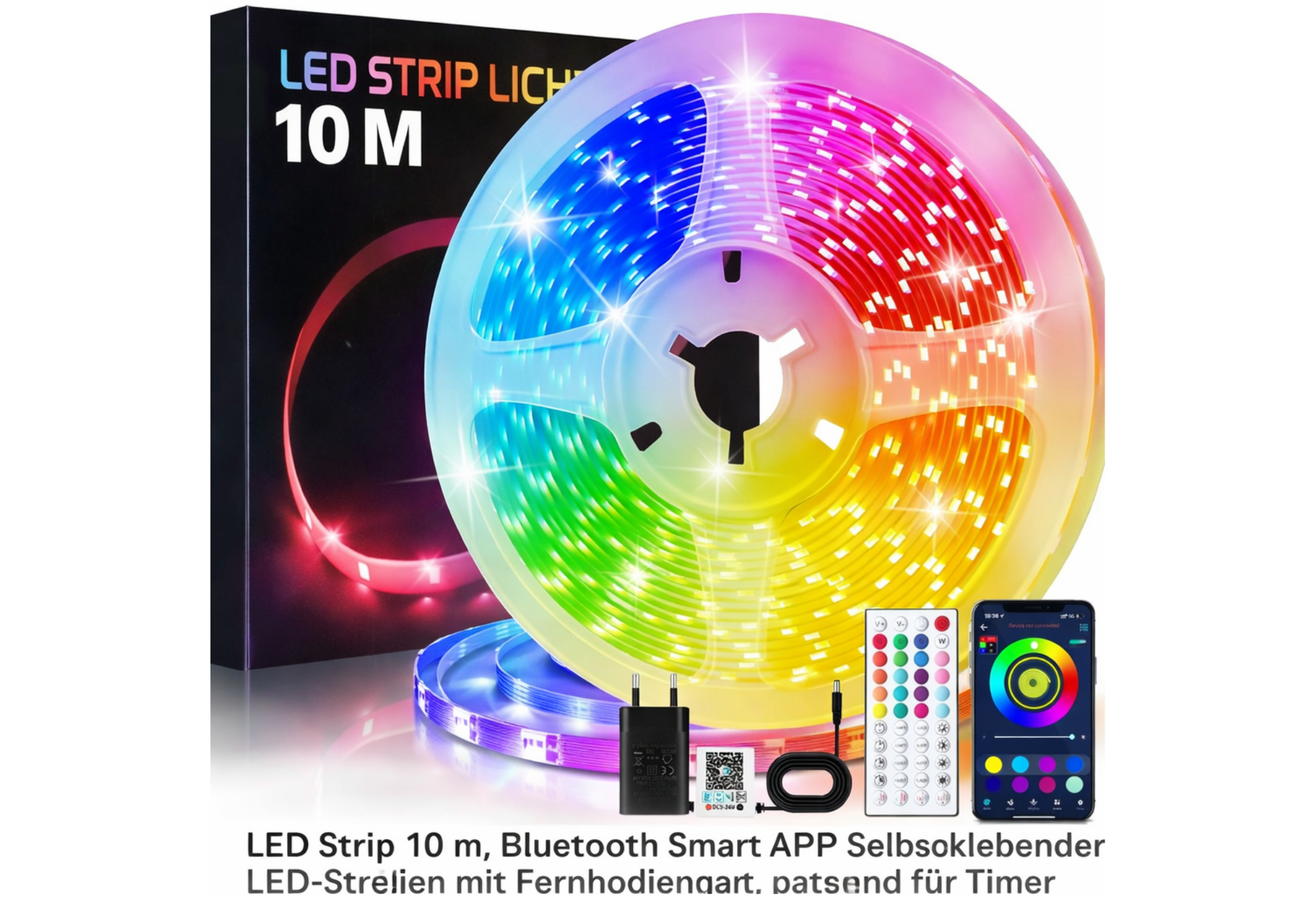 LED Strip 10 m RGB – Bluetooth APP, Timer & Musik Sync, Selbstklebender LED Streifen