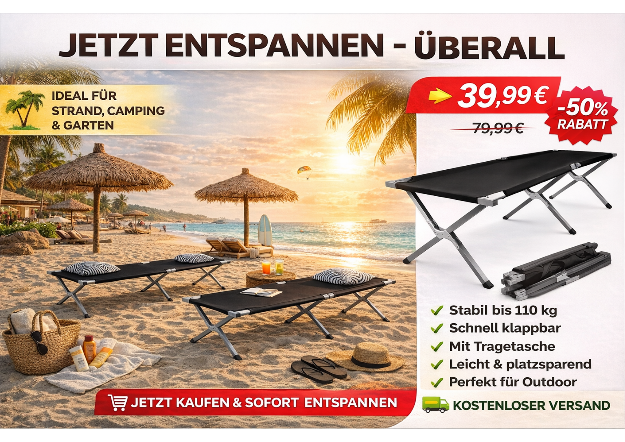 Klappbares Feldbett 189x70 cm Campingbett Gästebett mit Tragetasche