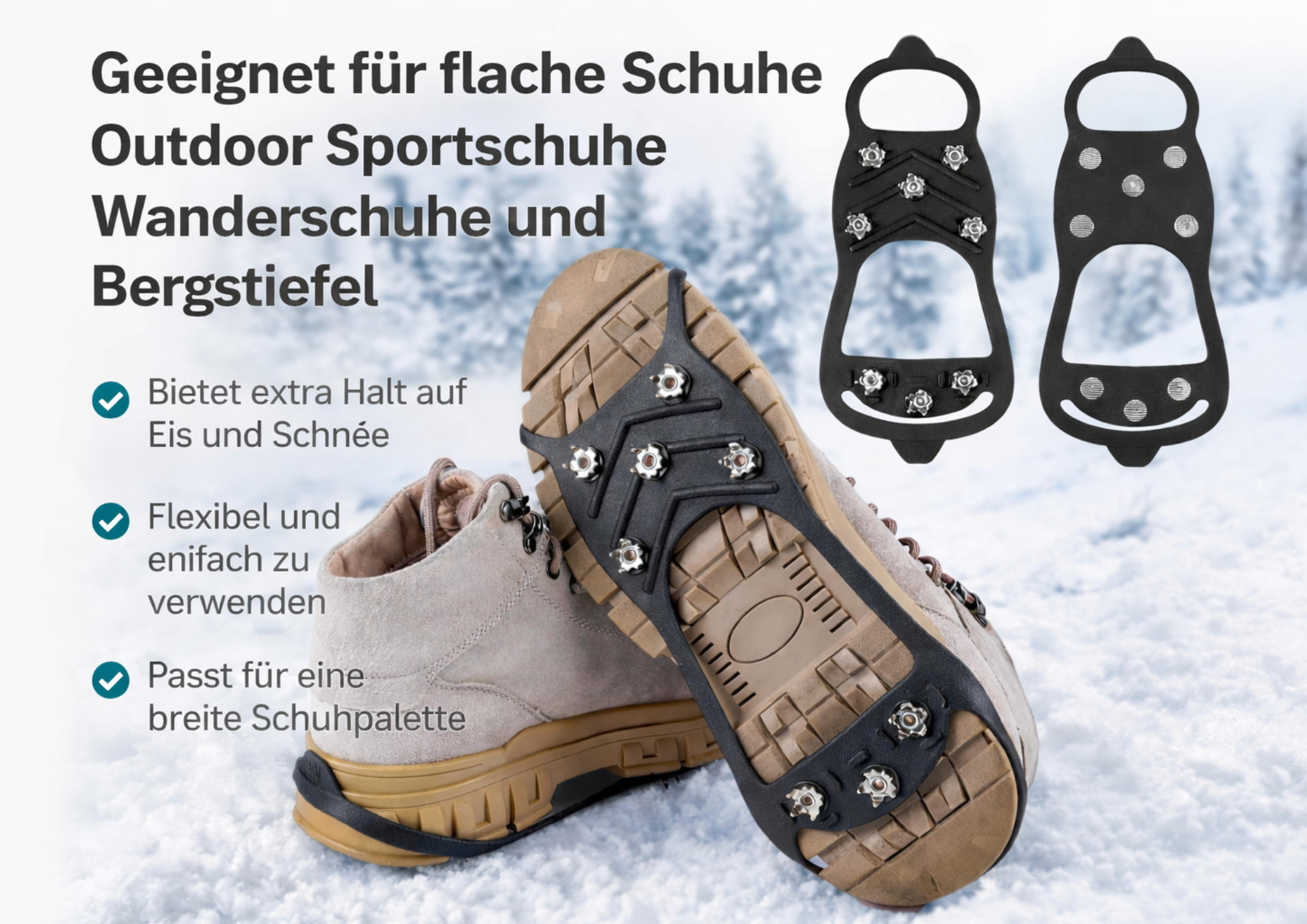 Rutschfeste Schuhüberzüge mit Spikes – 8 Edelstahlzähne Anti-Rutsch Ice Grips für Winter & Schnee, Größe L (40–46)