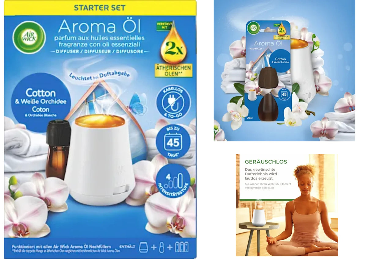Air Wick Aroma-Öl Starterset Cotton & Weiße Orchidee – Lufterfrischer mit regulierbarer Duftintensität