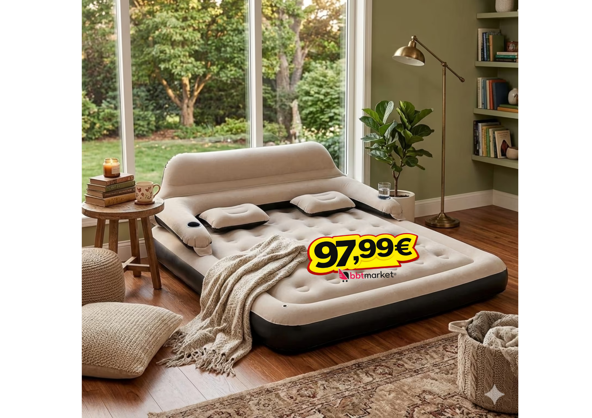 Aufblasbares Luftbett 2in1 Schlafsofa 203x183x72cm mit Rückenlehne Kissen