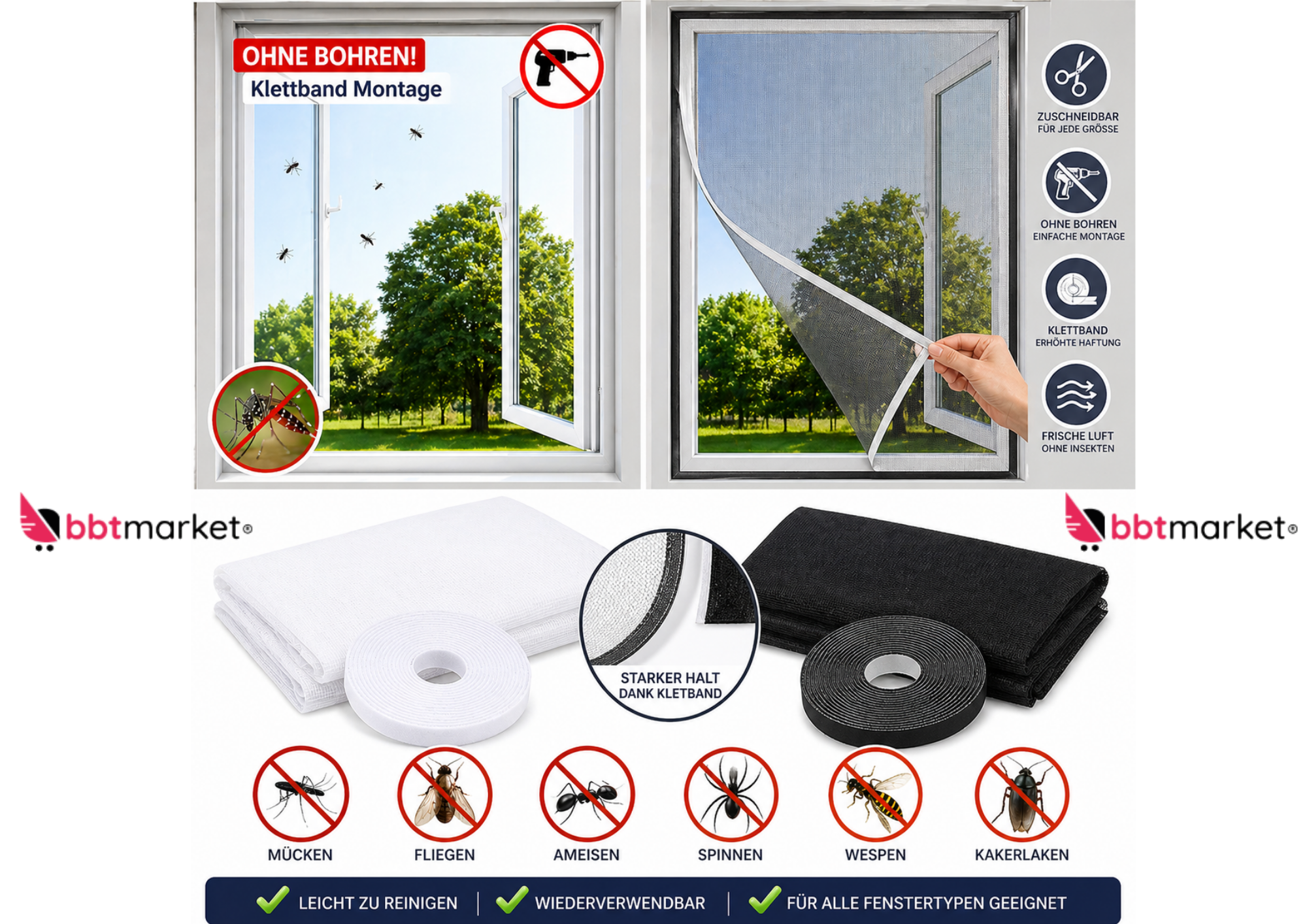 Fliegengitter Fenster ohne Bohren 130x150 150x180 Klettband Insektenschutz
