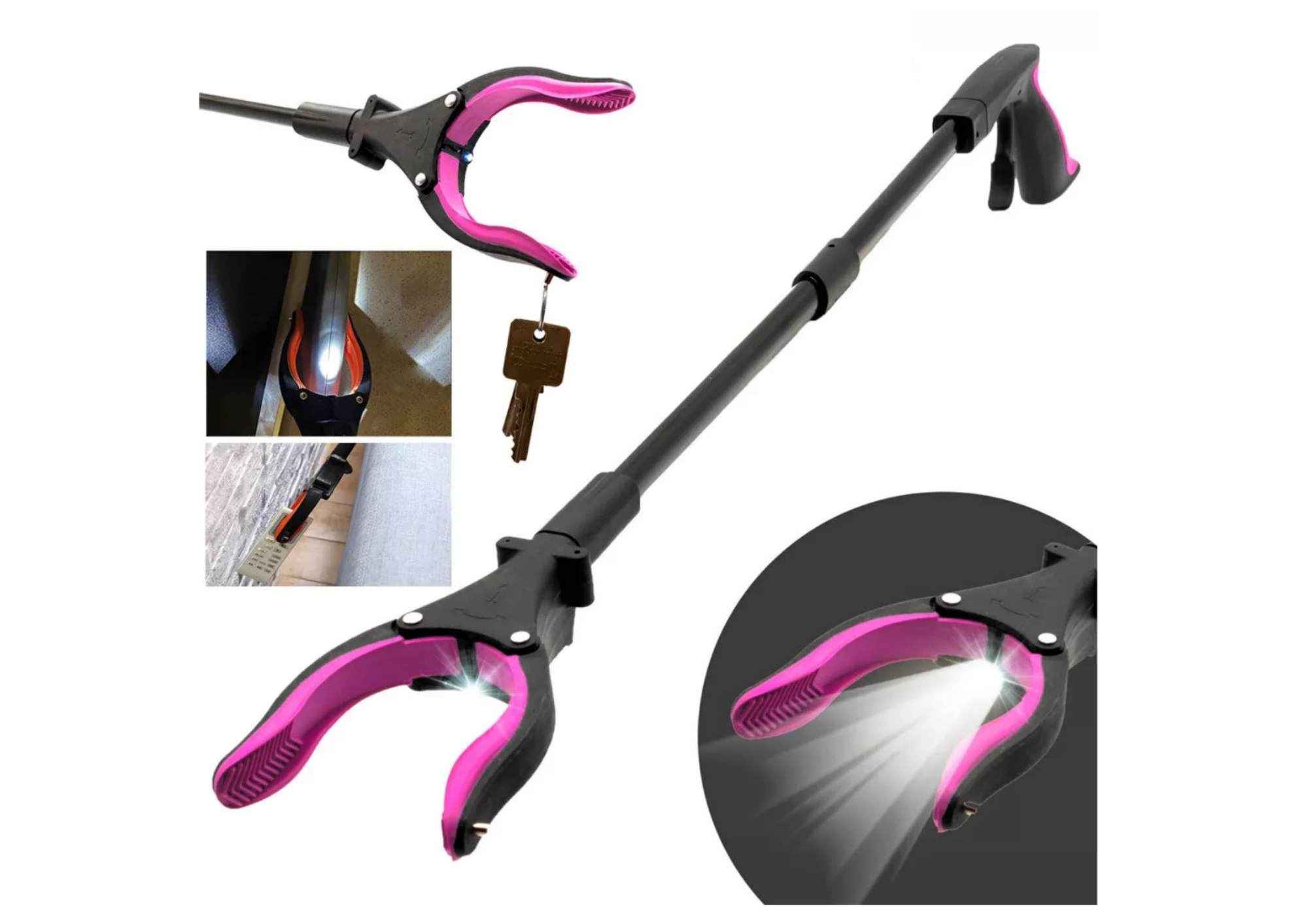 Greifzange mit Licht 80cm – Drehbare Faltbare Aluminium Müllzange mit Magnet, Ergonomische Greifhilfe für Senioren und Abfallsammlung - ORANGE