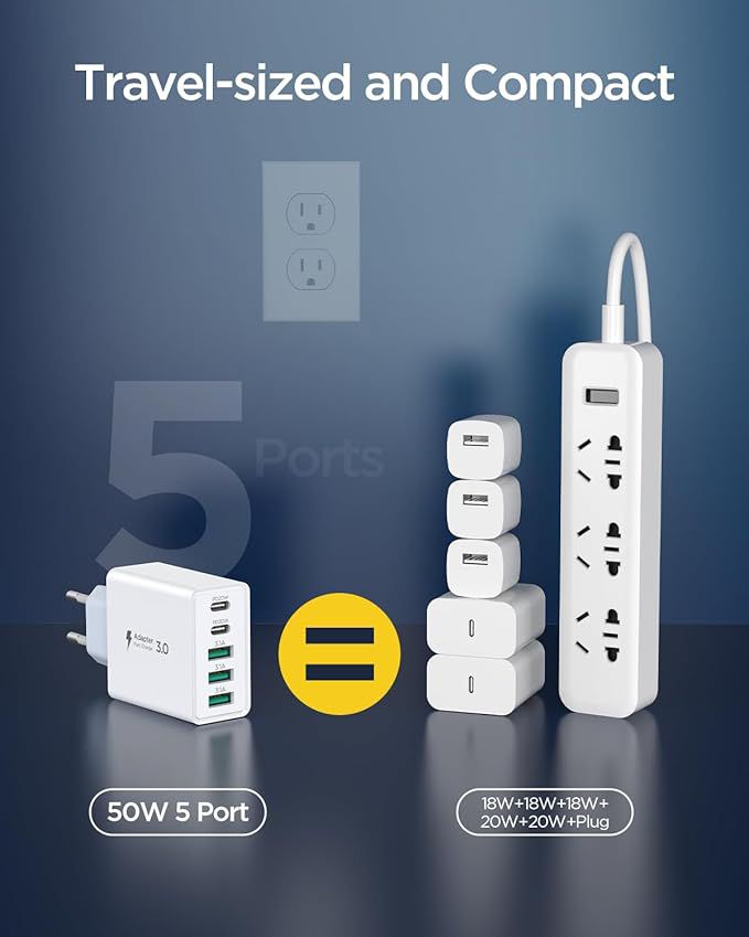 50W 5-Port USB Ladegerät Schnellladegerät USB-C USB-A Netzteil Universal Adapter