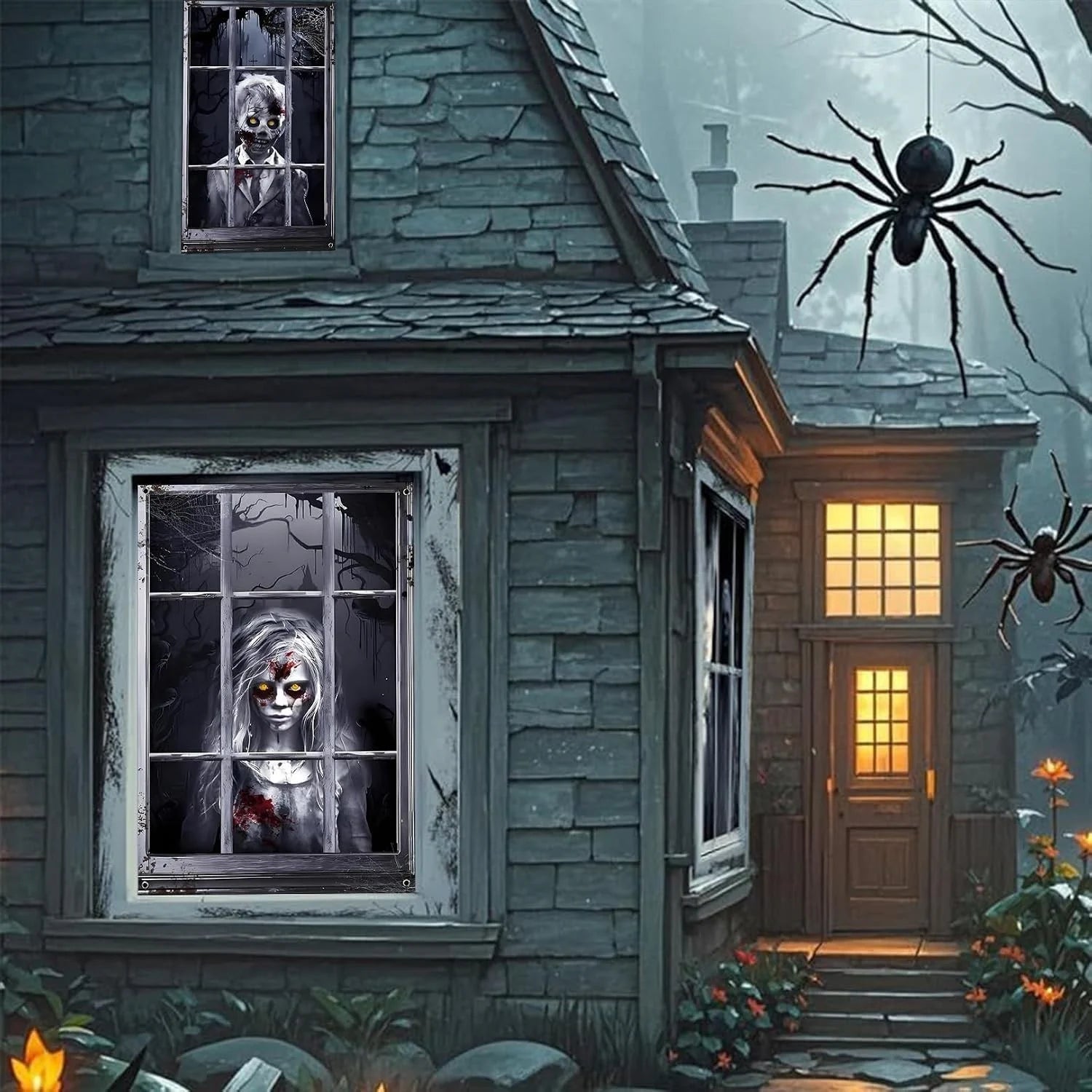 2x Halloween Fensterdeko 80x120cm Horror Fensterbild Gruseldeko Türdeko Wanddeko