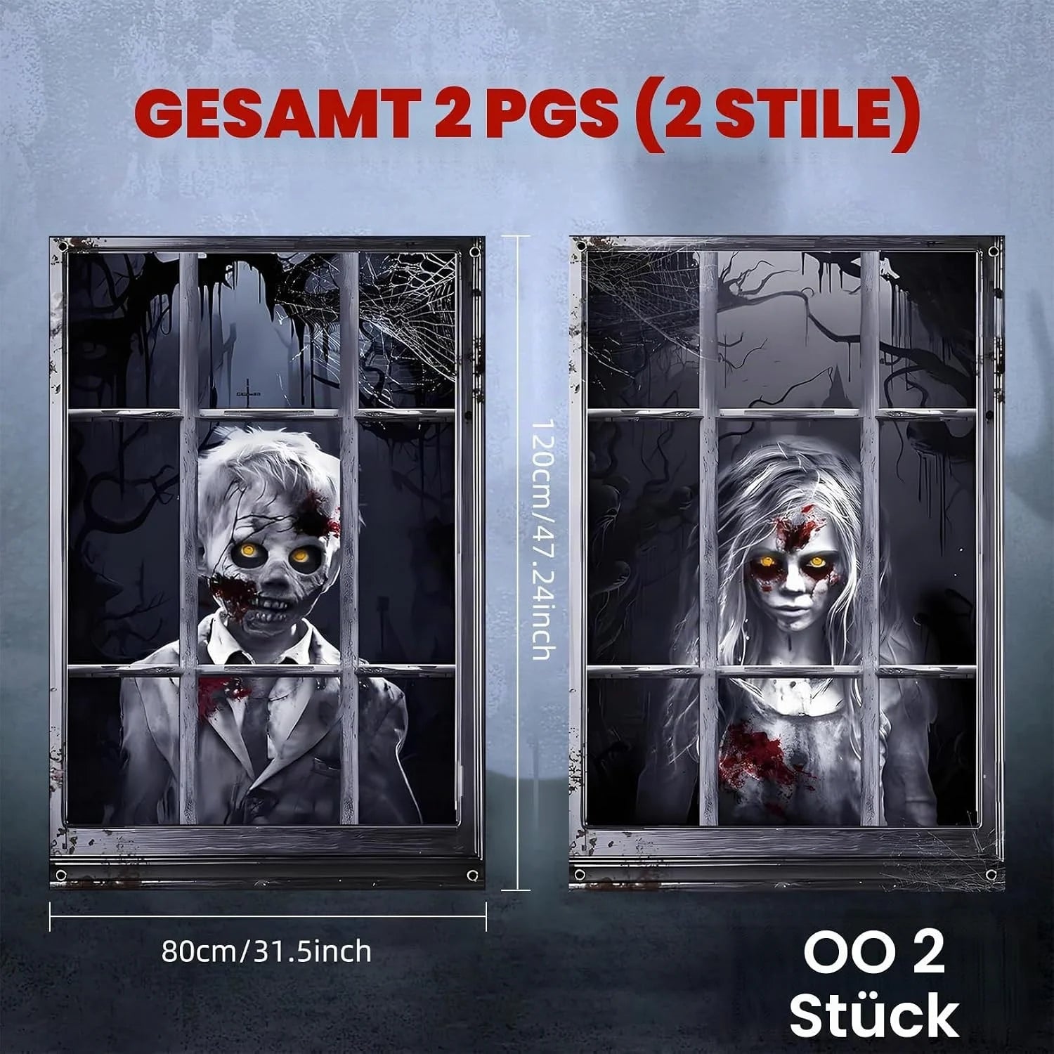 2x Halloween Fensterdeko 80x120cm Horror Fensterbild Gruseldeko Türdeko Wanddeko