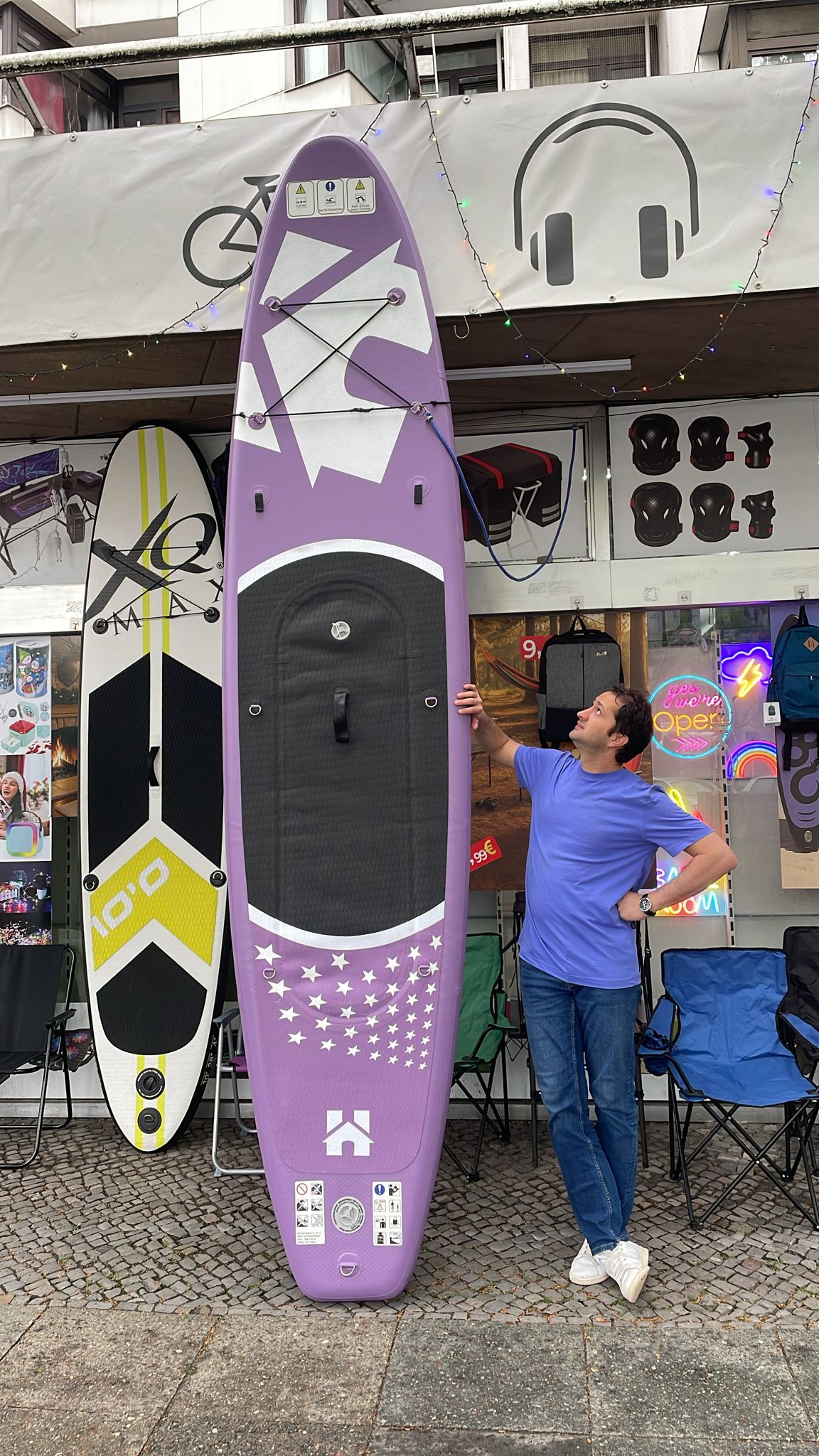 Aufblasbares SUP Board Set Lila 366 cm XXL  – 2in1 Stand Up Paddle & Kajak Funktion mit Sitz, Paddel, Double-Action-Pumpe, Tragetasche & Reparaturset
