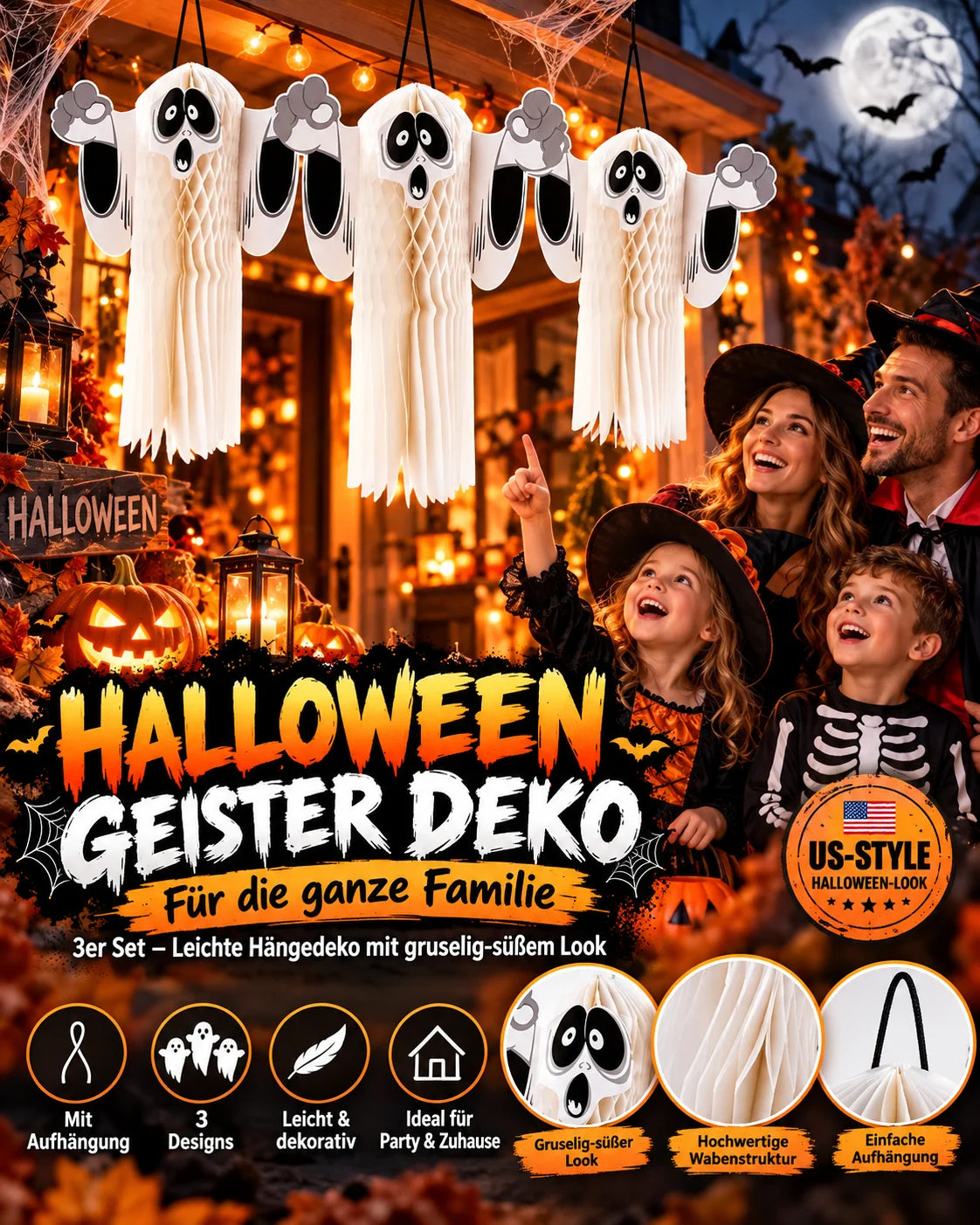 Halloween Geist 51cm 3D Hängedeko Gespenst Papier Party Gruseldeko Weiß