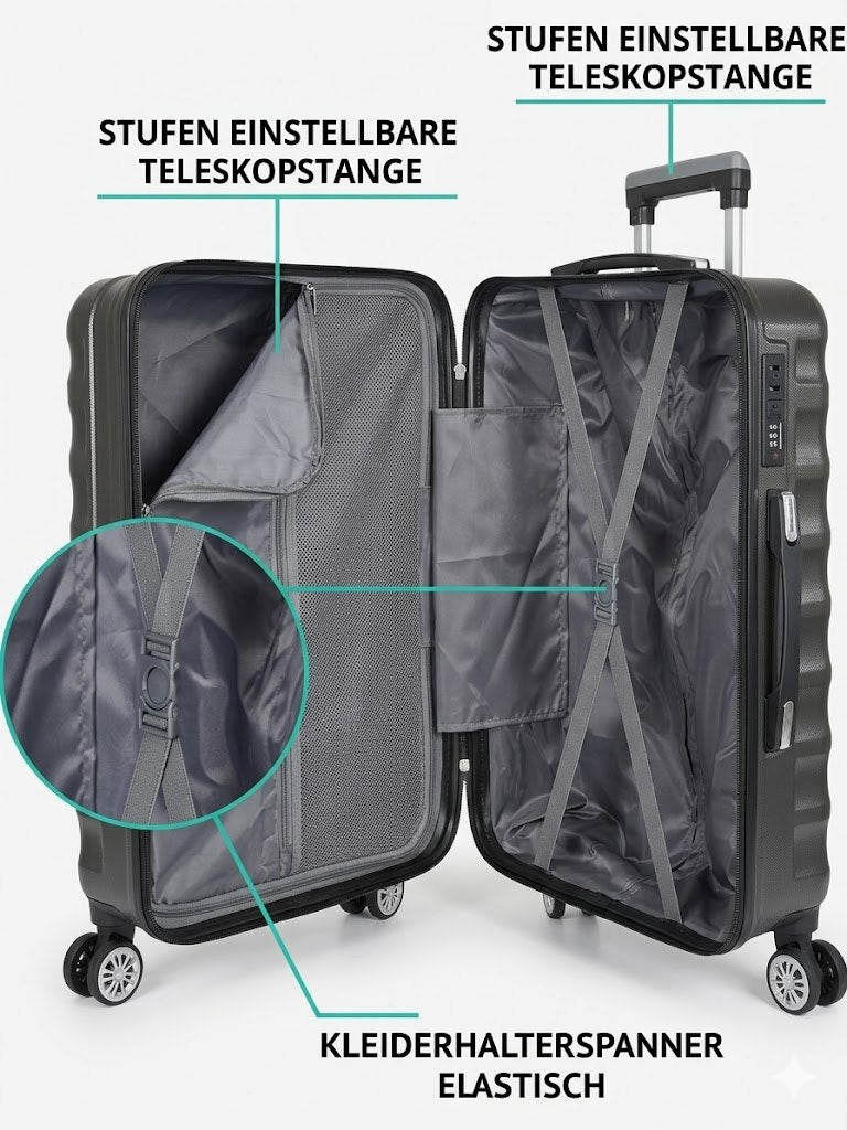 Hartschalenkoffer Trolley grau – M / L / XL / 3er Set – 4 Rollen, ABS