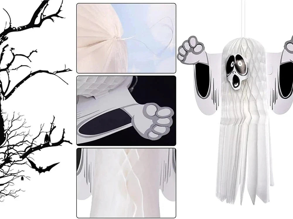 3x Halloween Geist Deko 51cm Hängend Papier 3D Gespenst Gruseldeko Party Weiß