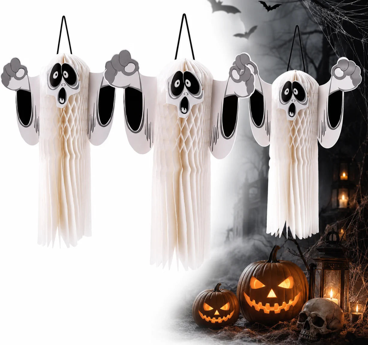 3x Halloween Geist Deko 51cm Hängend Papier 3D Gespenst Gruseldeko Party Weiß