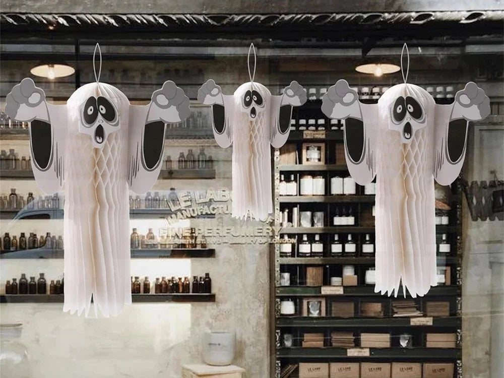 3x Halloween Geist Deko 51cm Hängend Papier 3D Gespenst Gruseldeko Party Weiß