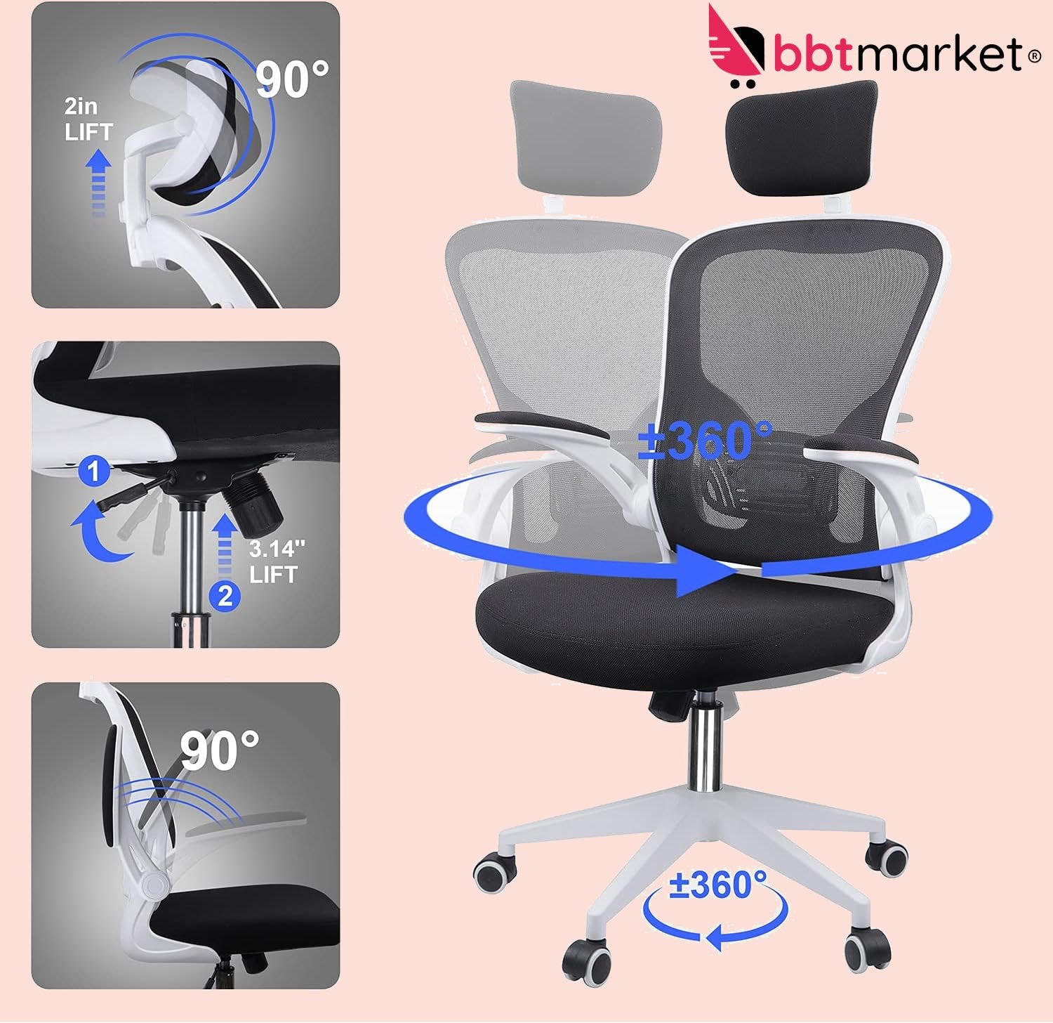 Ergonomisch Bürostuhl mit Verstellbarer Kopfstütze Bis zu 150KG Belastbar (Weiß)