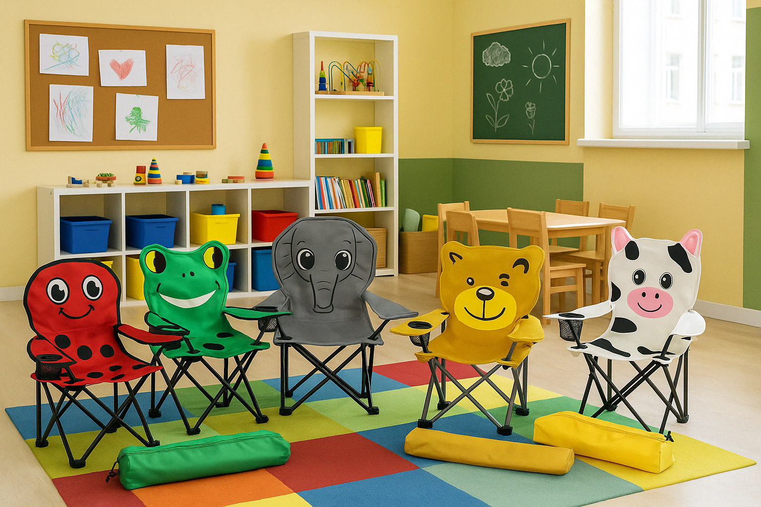 Kinder Campingstuhl Tiere – Faltbarer Klappstuhl mit Tiermotiv, Getränkehalter & Tragetasche für Garten, Camping & Picknick